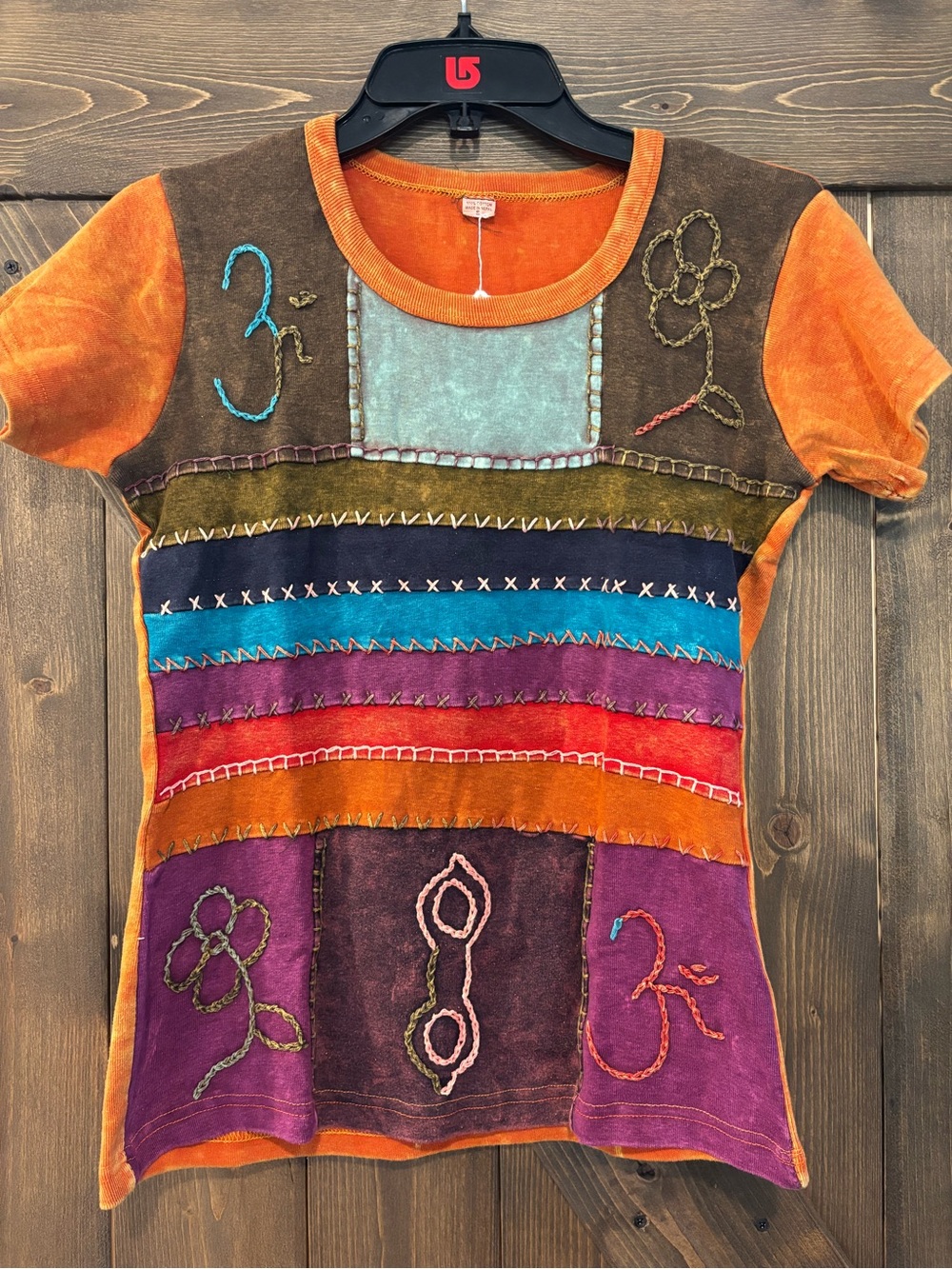 Bohemian Colorblock Embroidered Short Sleeve Tee - Orange Multi